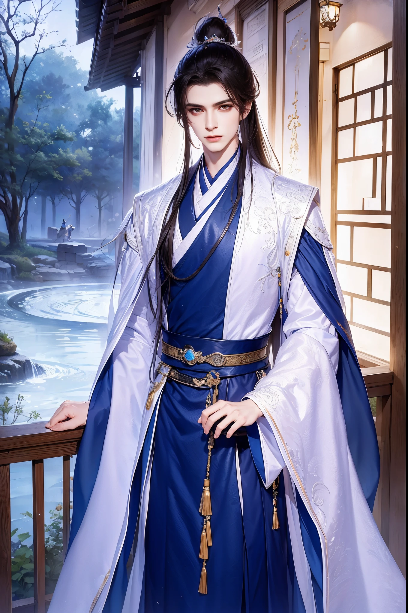 (Best quality at best,A high resolution,The image is clear:1.2),Ultra detailed backgrounds,Beautiful man standing holding sword,this it,wind blowing through,Chinese-style clothes,Garden scene,under moonlight,waterfallr,Romantic atmosphere,Dutch Angle Shot,gentlesoftlighting,shelmet,portrait of upper body,