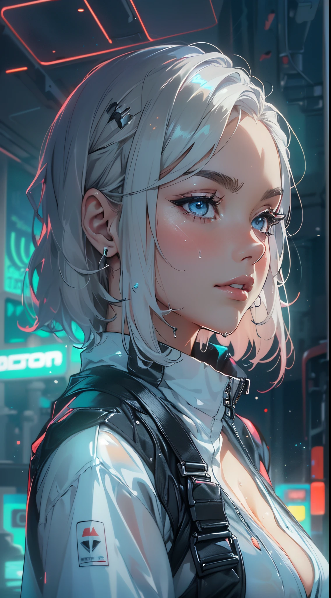 Woman 30 years (Dua Lipa pov) ,(1girl: 1.3),((1 white girl with extremely cute and beautiful white hair)),((((short hair)))), (medium breasts: 1.4), no bra, medium butt, (((short white hair: 1.35,cropped,very short hair))),(((neon_blue_eyes:1.3))),intricate eyes,beautiful detailed eyes,symmetrical eyes,(fat),((((tan,wet skin:1.35,lustrous skin:1.5,bright skin: 1.5,shiny skin,very shiny skin,shiny body,illuminated skin,wet legs)))),(spider lower abdomen,narrow waist,athletic body,delicate and detailed fingers,detailed body,(detailed face)),((,ABS)),(huge stature,tall stature,very tall girl), cute,slutty,sensual,seductive look,seductive,erotic,((nsfw)), (fitted overalls: 1.3,suit unbuttoned),((mechanical tools on his clothing)),(((huge cleavage))),((wet clothes,intricate outfit,intricate clothes)), (dynamic pose:1.0),embarrassed,(centered,scale to fit dimensions,Rule of thirds), cyberpunk city by the ocean at night, with bright neon signs and dark stormy clouds and puddles, scenery:1.25, artistic photography,(photography taken by sldr),highres, sharp focus, (ultra detailed, extremely detailed)
