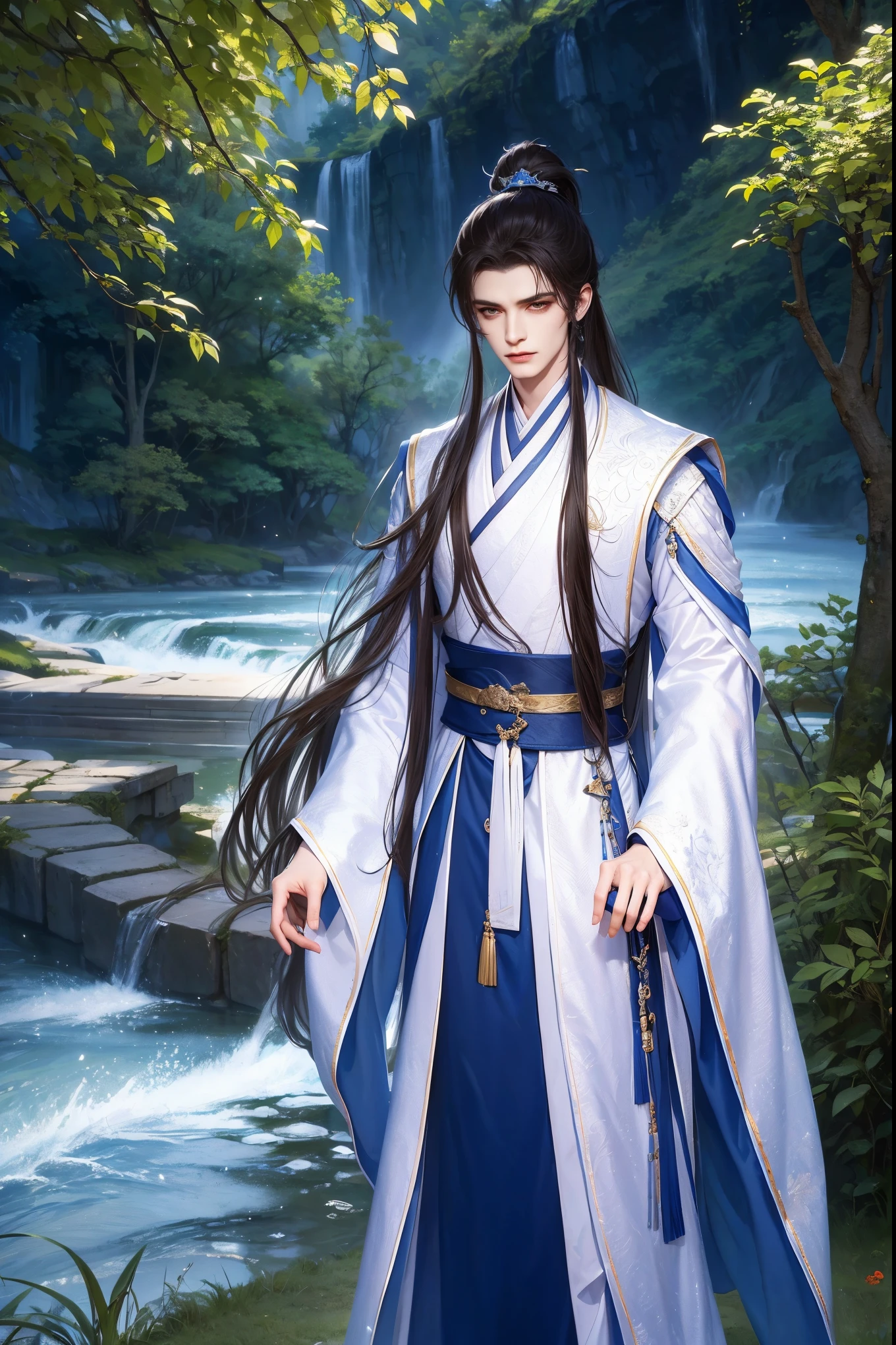 (Best quality at best,A high resolution,The image is clear:1.2),Ultra detailed backgrounds,Beautiful man standing holding sword,this it,wind blowing through,Chinese-style clothes,(Clothes are:1.5),Garden scene,under moonlight,waterfall man,Romantic atmosphere,Dutch Angle Shot,gentlesoftlighting,shelmet,portrait of upper body,