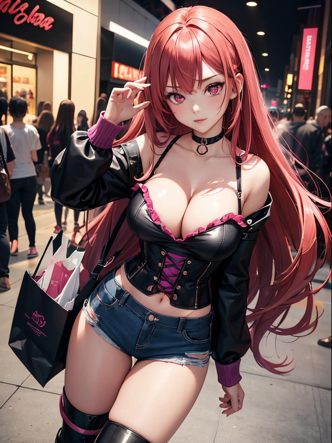 sexy anime girl, cute face, big bust, long red hair pink highlights, purple glowing eyes, choker, black corset top, black denim shorts, black boots, holding shopping bags, mall background, perspective from above