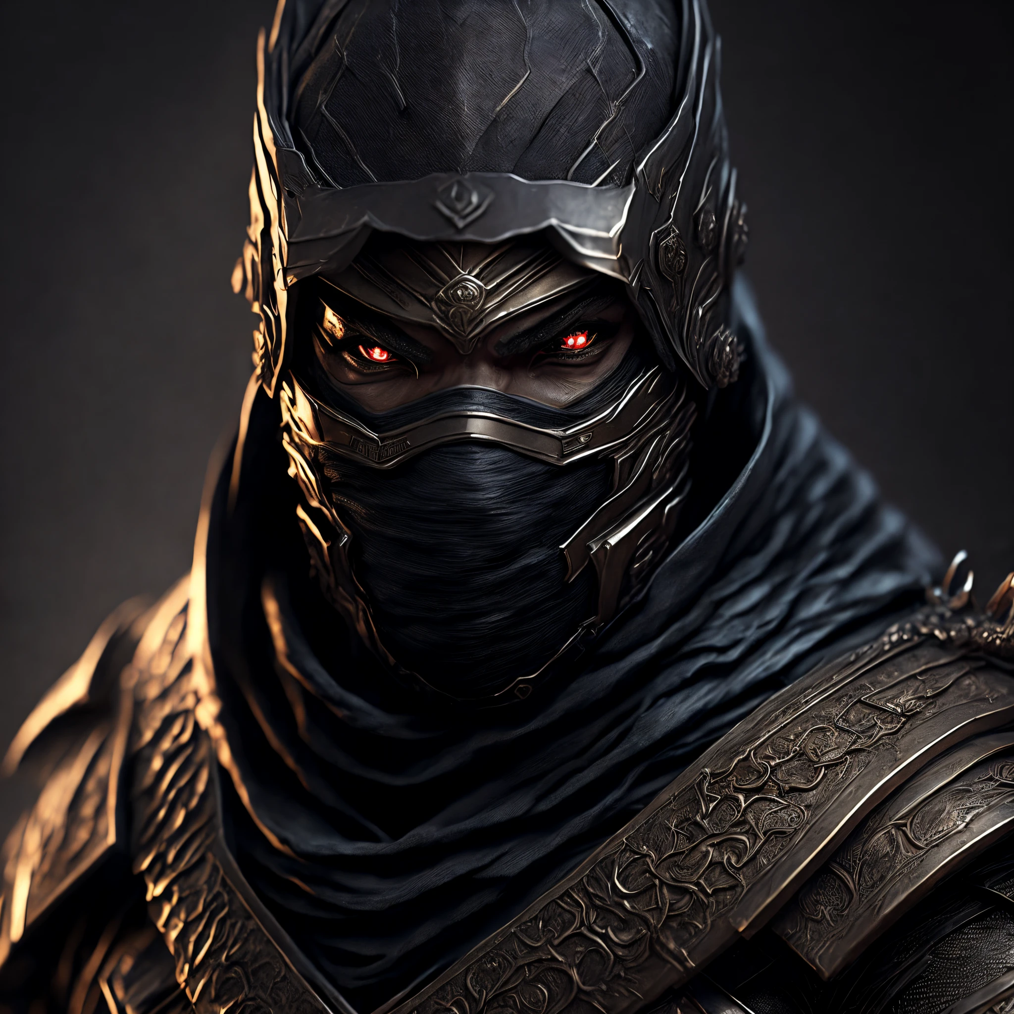 Close-up (ninja made of iron from Marvel in goth style: 1.3) emerging from the scary Victorian ages, well detailed, volumetric light