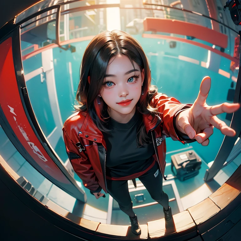 ( Masterpiece, best quality, photography , cinematic lighting, backlit, side light, soft light, shot from above , 3.6mm lens, depth of field, fisheye:1.2 ), ((pov from above:1.4)), ( cyberpunk night club:1.5, high detailed background, extending hand towards viewer overhead ), ryujin, ( narrow face, strong jaw, plump cheeks, cybernetic arm, dark hair with red highlights, thug smile, turquoise eyes, wearing drip ootd )