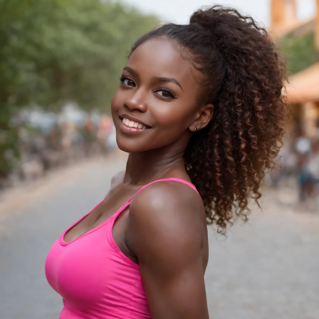 ((Dark African skin, Very deep ebony skin)), ((Its beauty undeniable)), ((Excited cute face)), ((Hyper detailed perfect eyes,)), ((pose mignonne)), ((Langue sortie)), ((Seductive )), sexy, (( Tight pink sport top, shorts sexy)), ((Afro ponytail with long African curly hair,)), (( peau)), ((debout, vue de face)), ((toucher ses propres jambes dans une pose sexy)), ((dehors, Ville publique)), Sharp Focus CGI, photoreallistic, High detail, Realstic, Masterpiece, absurdes, Best quality, Hdr, High quality, high-definition, Extremely detailed, 8k wallpaper, Intricate details, 8K UHD, Full-HD, (photo realist:1.2), contraste, intense illumination, lighting cinematic, natural lighting, veilleuse, Nuit, Illumination globale, Ambient occlusion at jungle safari, a la piscine African women、Female sexy、a smile、safari hat, traveling, Serengeti, wild life, jungle