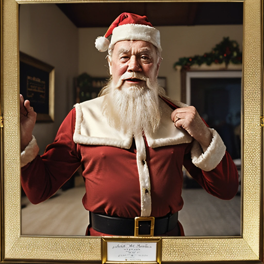Mr Bean dressed as Santa Clause holding a vintage golden photo frame