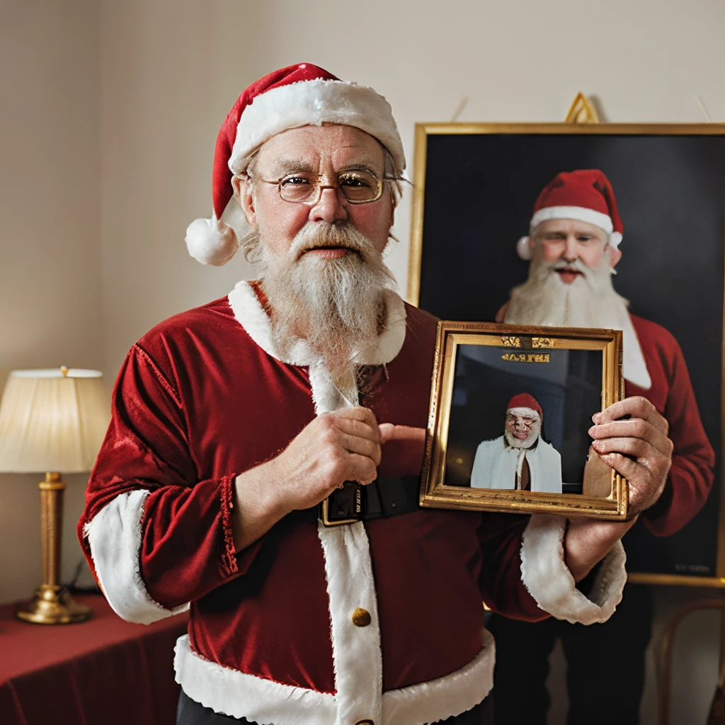 Mr Bean dressed as Santa Clause holding a vintage golden photo frame