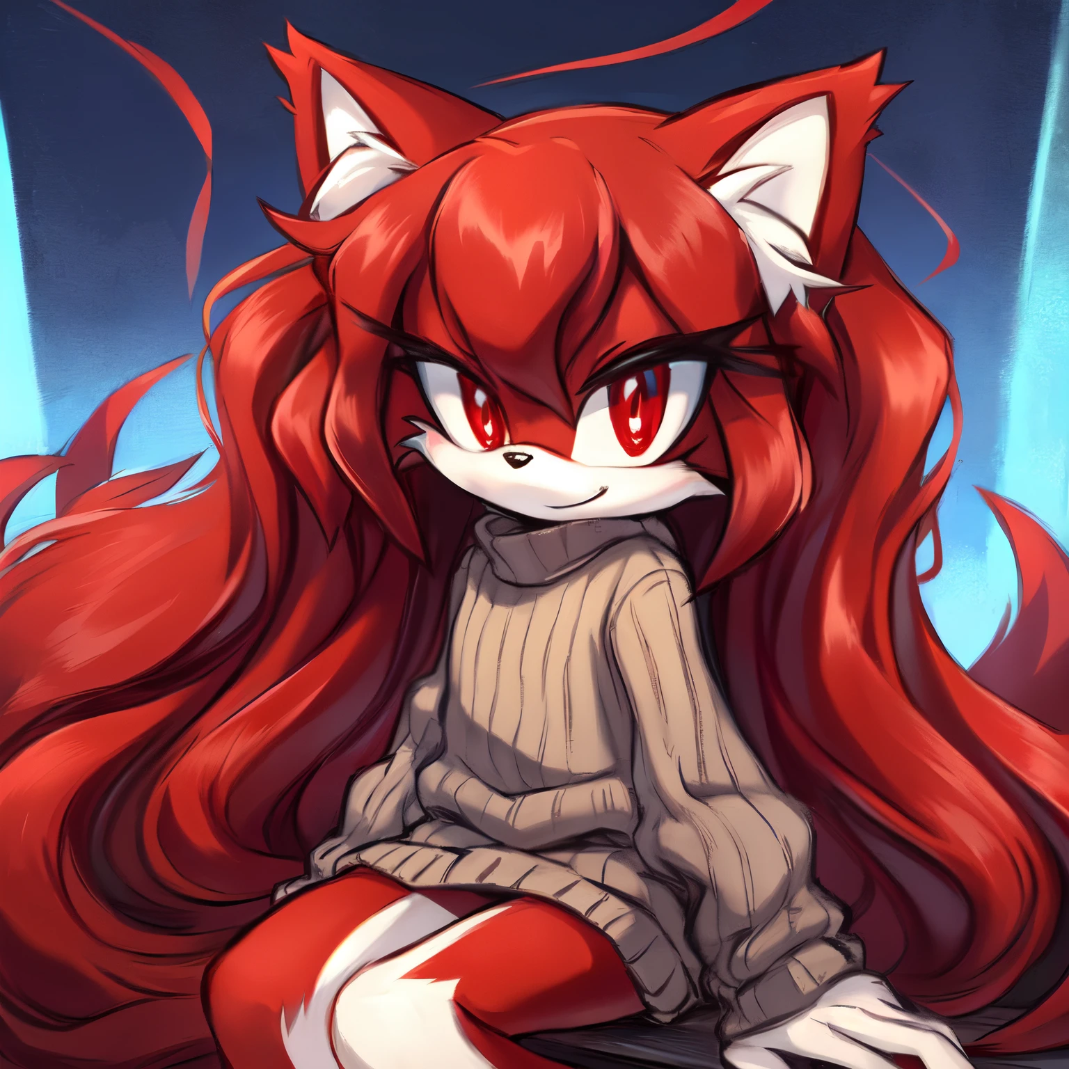 Female, Mobian, Fox, child, (((2D Anime Style))), (solo), (1girl), high quality digital art, red and black neon lines sketch art, black cloudy background, a dark crimson furred female anthropomorphic Fox, has glowing red eyes, (((dark crimson fur))), sitting, smiling, (((VERY long and wavy dark crimson hair))), (large and long hair bangs), wispy lines, comfy loose sweater, large sleeves pass hands, (facing viewer)
