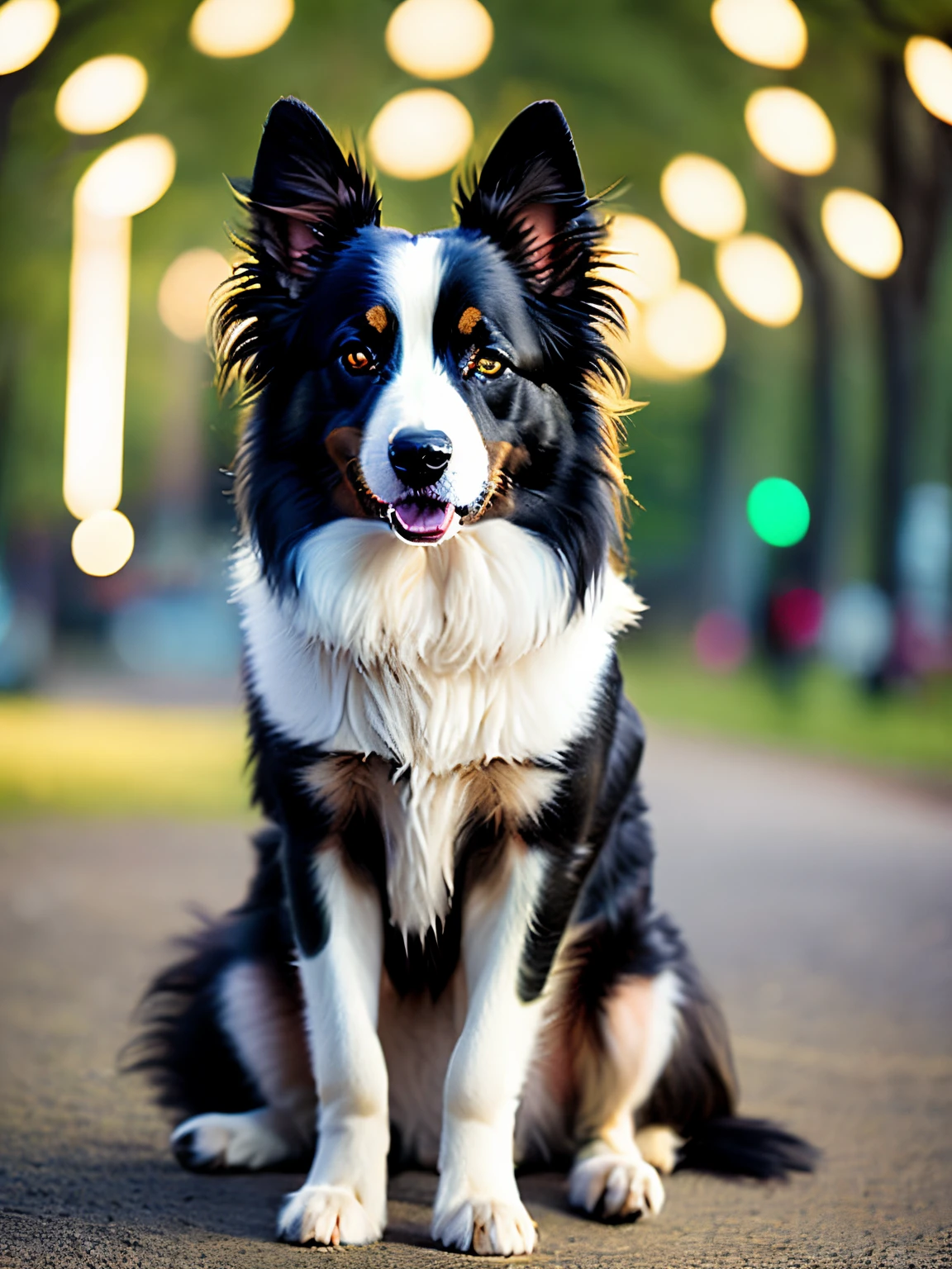 Side photo of a happy border collie, The way she stands still in the park is so cute, soft volumetric lights (Retro Illuminasan: 1.3), (Kinematics: 1.2), intricate detailes (art stations: 1.3), rutkowski