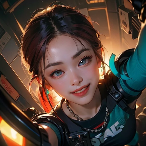 ( Masterpiece, best quality, photography , cinematic lighting, backlit, side light, soft light, shot from above , 3.6mm lens, depth of field, fisheye:1.2 ), ((pov from above:1.4)), ( cyberpunk nightclub:1.5, high detailed background, extending hand towards viewer overhead ), ryujin, ( narrow face, strong jaw, plump cheeks, cybernetic arm, dark hair with red highlights, thug smile, turquoise eyes, wearing drip ootd )