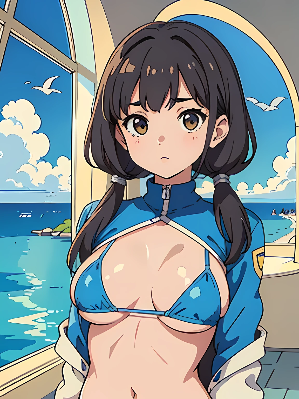 ((masutepiece)), ((Best Quality)), (Ultra-detailed), ((Extremely detailed)), 4K, (8K), Flat color, heavy outline, sharp outline, 1girl in, Solo, Amazingly cute girl of 13 years old, Light brown twintail hair with bangs, ivory and blue bikini、With Jacket, under the boobs, Midsummer view from retro-futuristic style living room, Round shaped windows, thunder clouds in the sky