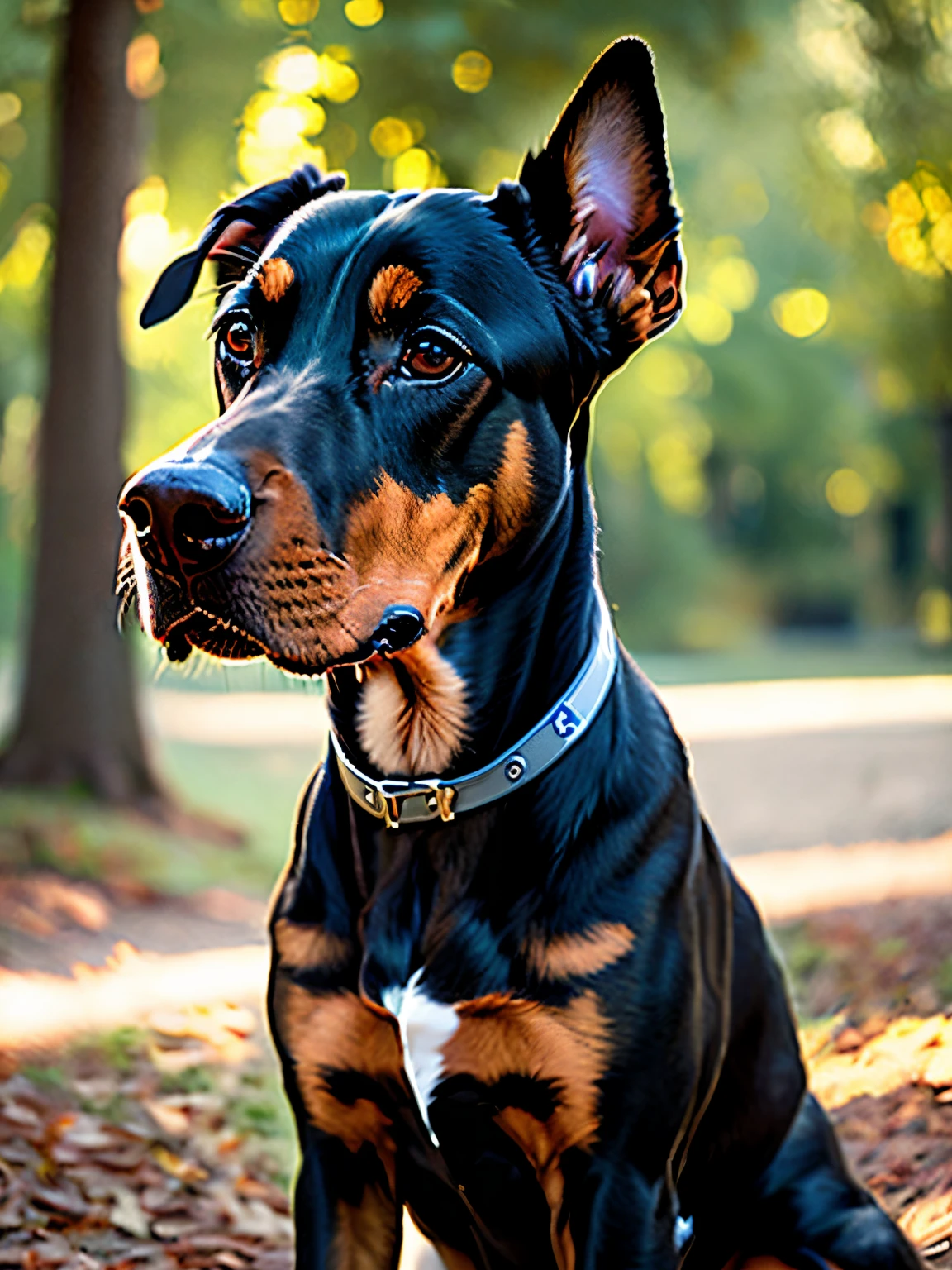 Side photo of a happy Doberman, The way they stop in the park is so cute, soft volumetric lights (Retro Illuminasan: 1.3), (Kinematics: 1.2), intricate detailes (art stations: 1.3), rutkowski