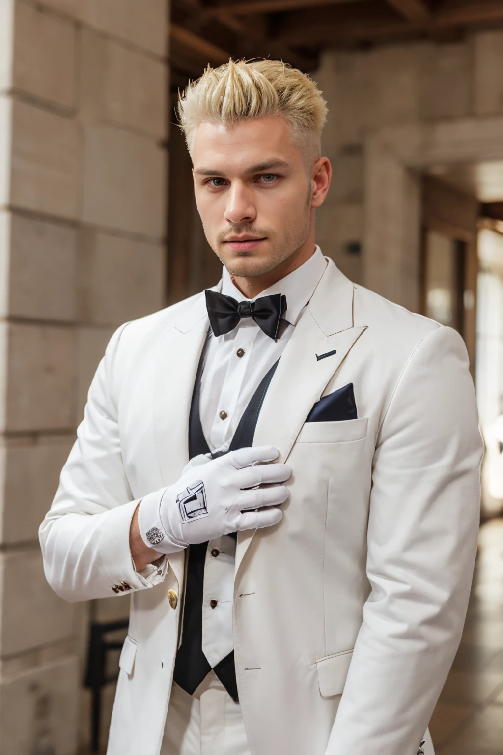 A man with blond spiked hair in a white tuxedo with gloves