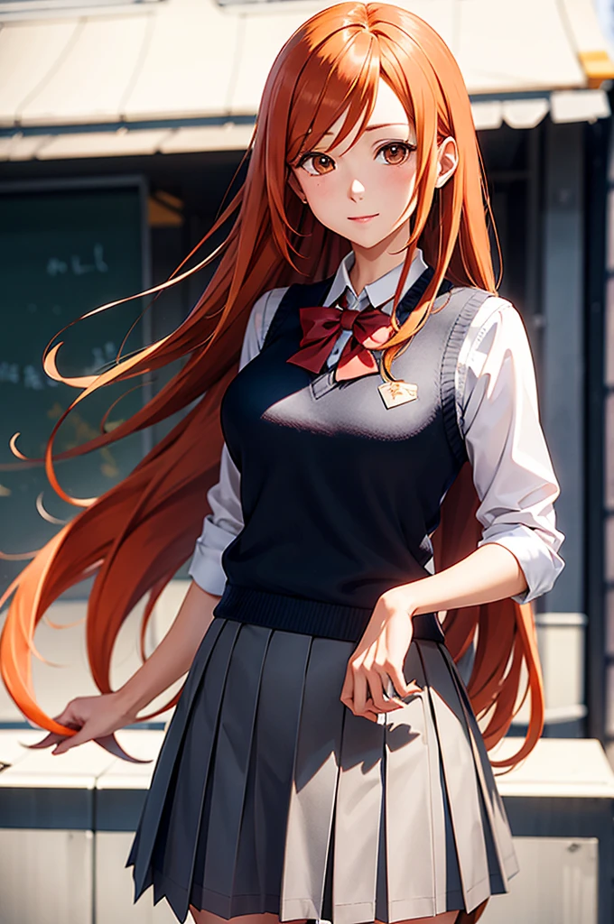(best quality, ultra detailed, masterpiece), inoue orihime, orange hair, long hair, gray eyes, school uniform, hair ornament, sweater vest, pleated skirt, detalied background, school background, looking at the viewer, large breasts