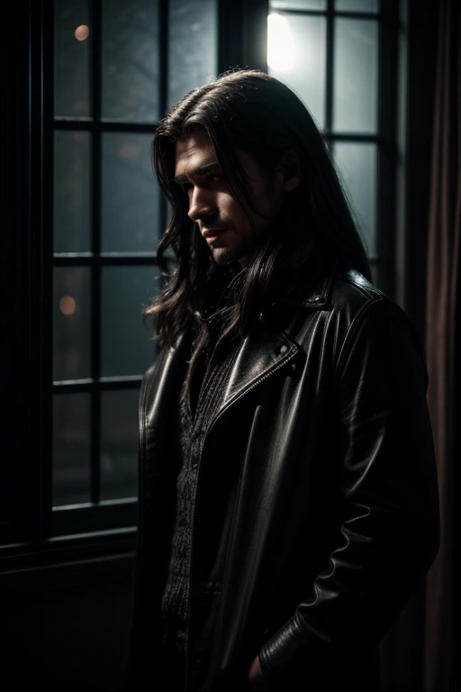 A vampire standing outside a window on a rainy night, gazing into the room. (best quality,4k,8k,highres,masterpiece:1.2),ultra-detailed,(realistic,photorealistic,photo-realistic:1.37),HDR,UHD,studio lighting,physically-based rendering,extreme detail description,professional,vivid colors,bokeh,portraits,dark color palette,soft lighting