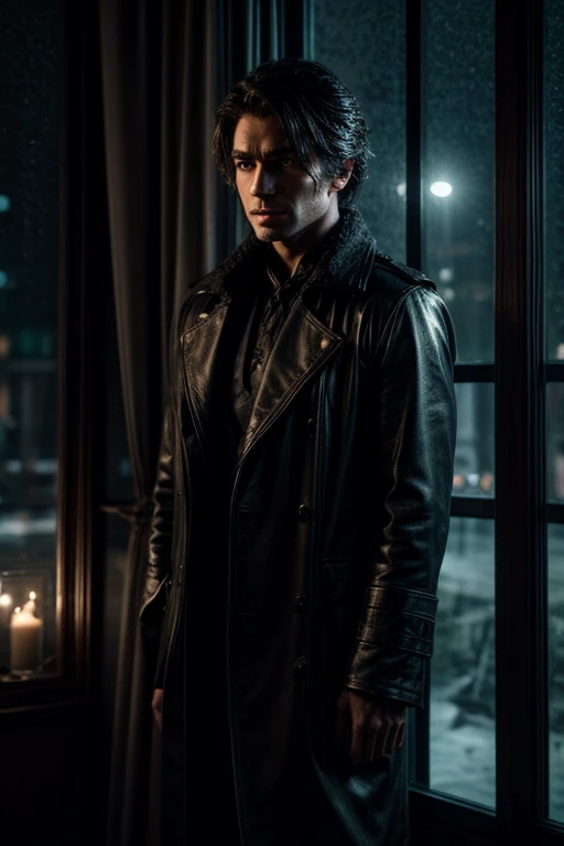 A vampire standing outside a window on a rainy night, gazing into the room. (best quality,4k,8k,highres,masterpiece:1.2),ultra-detailed,(realistic,photorealistic,photo-realistic:1.37),HDR,UHD,studio lighting,physically-based rendering,extreme detail description,professional,vivid colors,bokeh,portraits,dark color palette,soft lighting