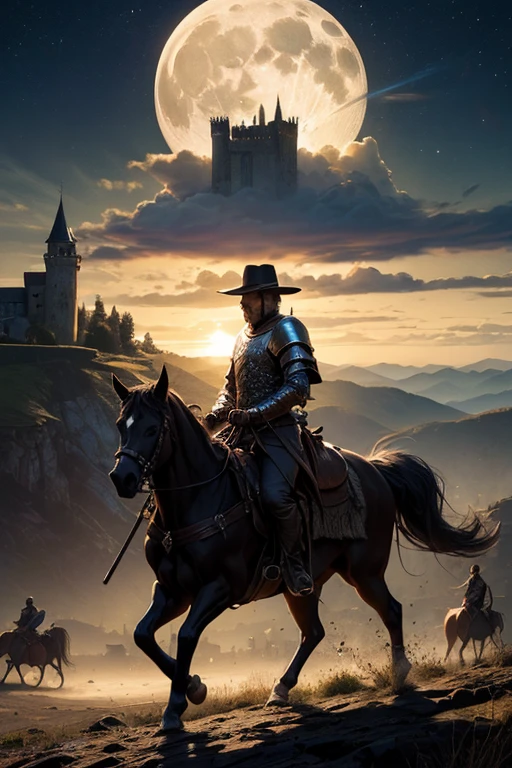 dnd, dark art, fantasy, posse of warrior riderrs on horses, riding towards a big medieval castle on a hill, rugged landscape, sun dusk lightning, stars in the sky, moon and moonlight, filmischer Hintergrund, (Meisterwerk:1.2), hight resolution