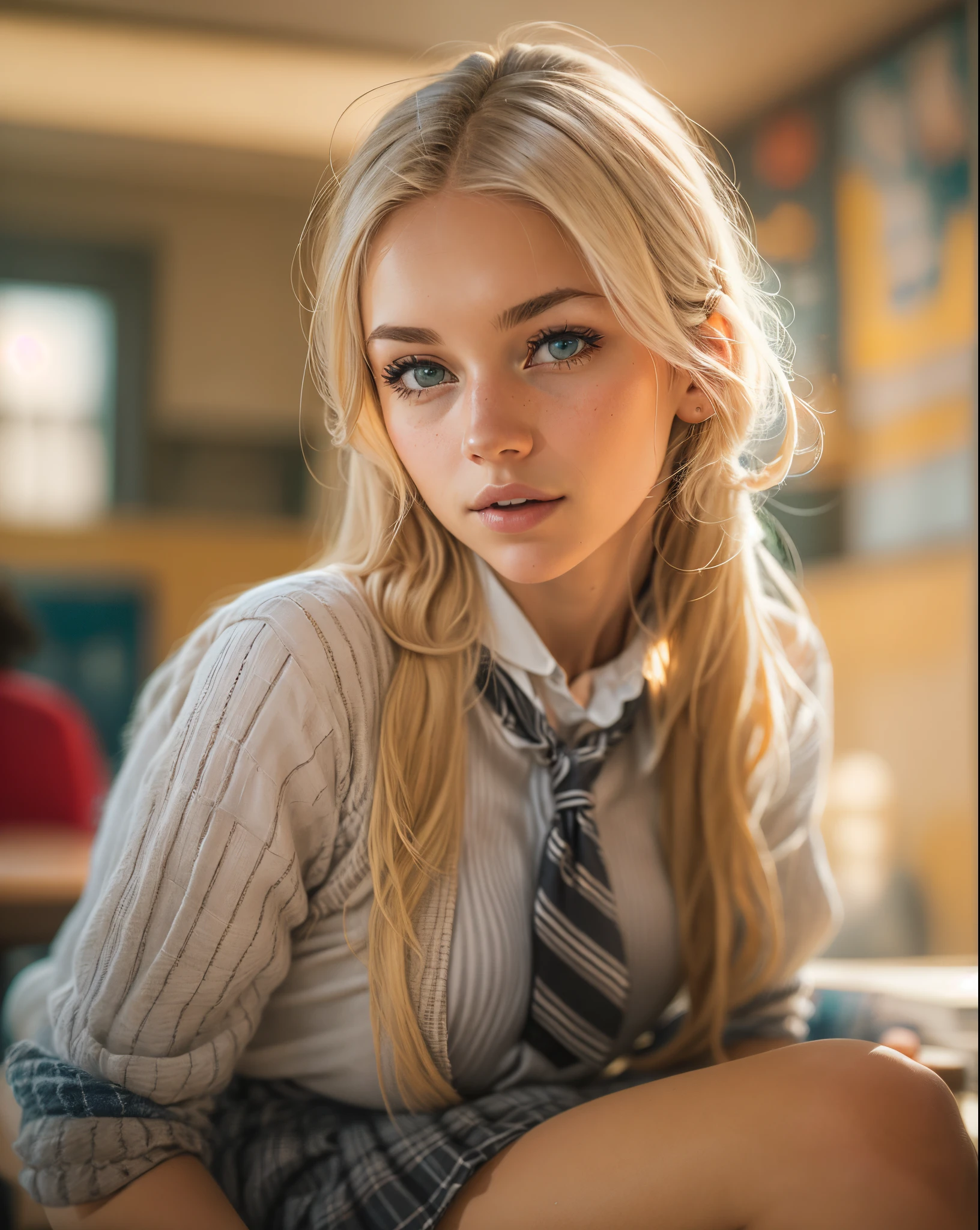 analog photo, young blonde woman, masterpiece, best quality, ultra-detailed, colorful, depth of field, lens flare, (((big boobs))), sitting, blonde hair, looking at viewer,school, classroom, pleated miniskirt , school uniform, black pantyhose, detailed skin texture, detailed cloth texture, beautiful detailed face, hyperrealistic, real, 4k