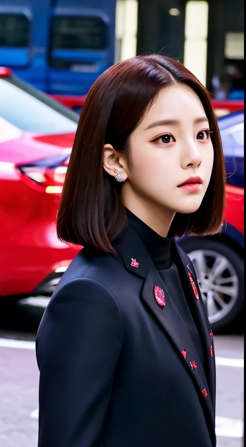 Jisoo do BLACKPINK tirando uma foto no espelho vestida de policial com seus cabelos loiros