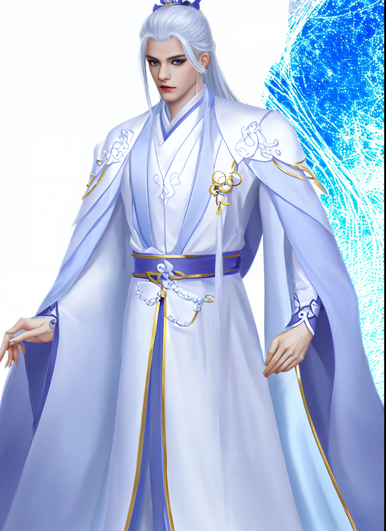 Wallpaper of a man wearing white and blue clothes,sharp look,Eye focus,Overbearing man, heise jinyao, full body xianxia, cotton mist robe, The exquisite prince, Inspired by Bian Shoumin,, Inspired by Huang Shen, Wearing the robes of a Star Mage, skinny male fantasy alchemist, floating robes,white backgrounid,