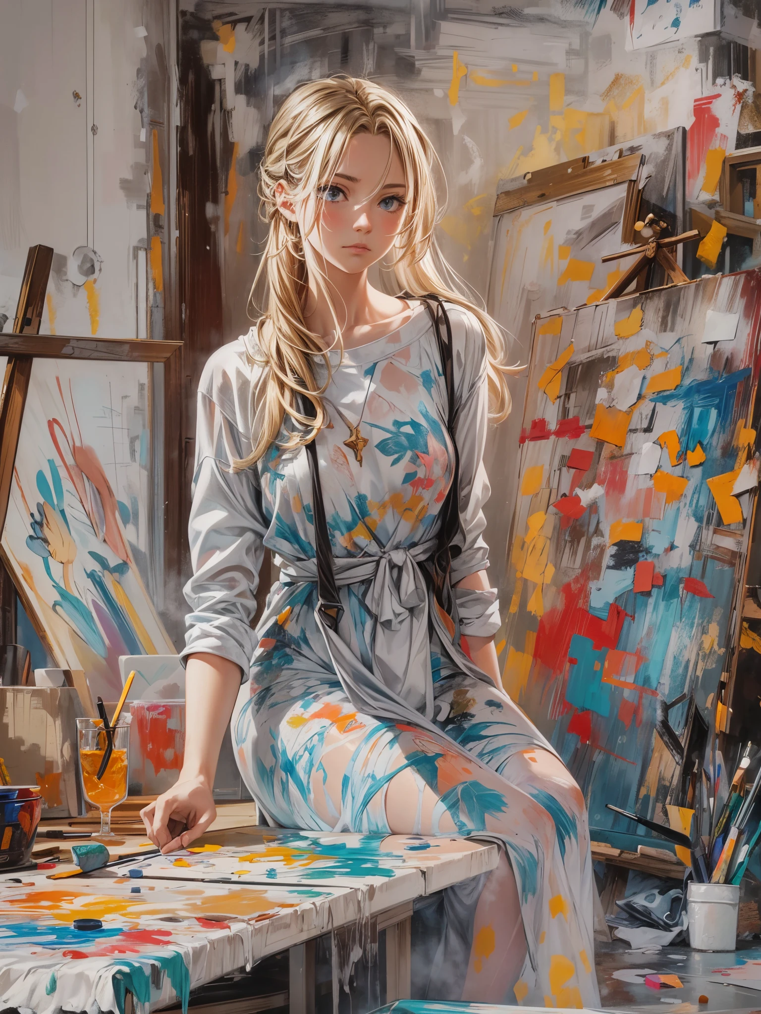 Base Layer: Begin with a background that visually represents a contradictory integration of colorful and dark elements. This should create a sense of disparity, like a canvas that contains both vivid, bright areas and ominous, shadowy patches, symbolizing a clash between light and darkness. BREAK
Middle Layer: At the center of the image, place a struggling girl painter with long blonde hair. She appears deeply immersed in her art, her expression a mix of concentration and frustration, reflecting the emotional turmoil of a creative process. BREAK
Foreground Layer: Incorporate strange symbols that intertwine and stretch across the image, creating a sense of depth and complexity. These symbols should seem almost alive, as if they are an integral part of the painter's imagination and the chaotic world she's creating. BREAK
Overlay Layer: Add streamlines that resemble the flow of paint across the canvas. These lines should be both part of the background and interacting with the girl painter, symbolizing the flow and fusion of her creative ideas and the tumultuous emotions she's experiencing. BREAK
Final Touches: Finish the image with a play of light and shadow that enhances the contrasting elements of the scene. Highlights and shadows should accentuate the depth of the image, bringing the struggle of the girl painter and the intertwining symbols to life.