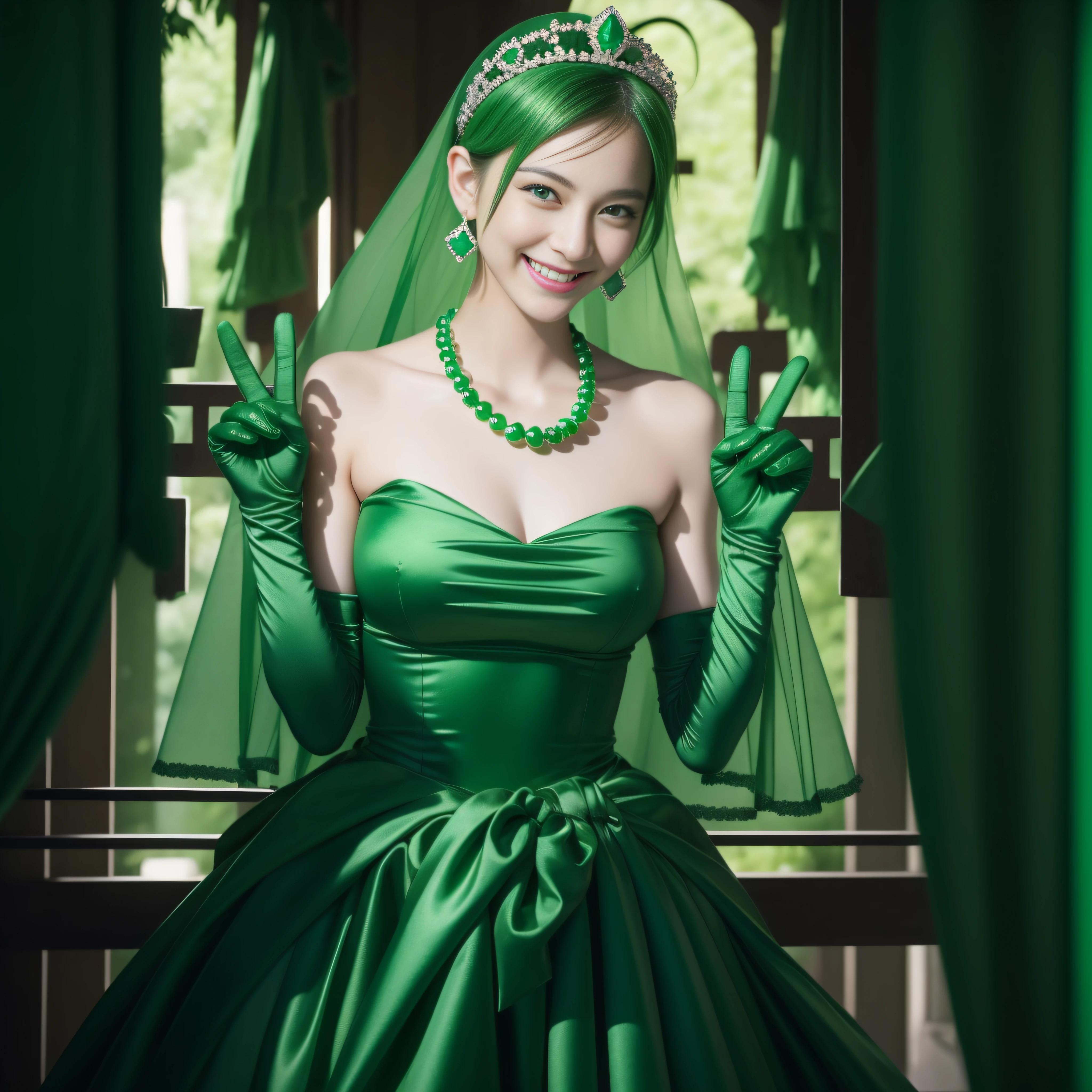 emerald tiara, Green Pearl Necklace, Boyish very short green hair, lipsticks, Japan woman smiling, very short short hair, big breasts beautiful, Green eyes, Long green gloves made of satin material, Green eyes, Emerald Earrings, green vale, v sign