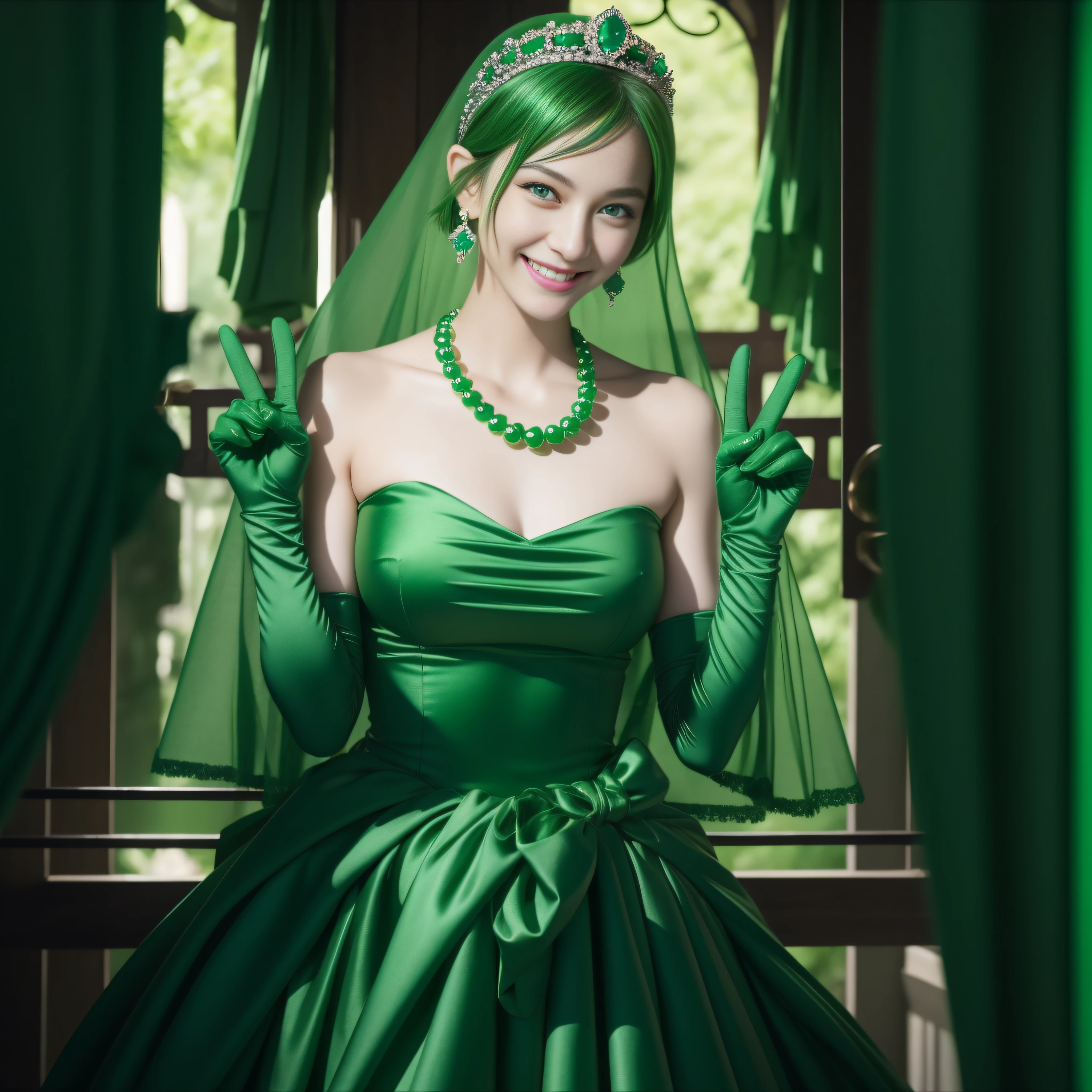emerald tiara, Green Pearl Necklace, Boyish very short green hair, lipsticks, Japan woman smiling, very short short hair, big breasts beautiful, Green eyes, Long green gloves made of satin material, Green eyes, Emerald Earrings, green vale, v sign