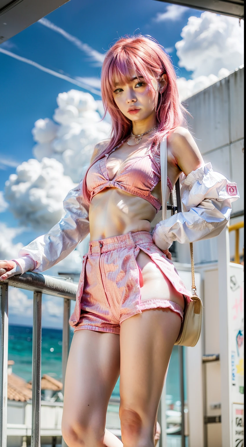 Female, pink hair, outside, clouds, pink and white