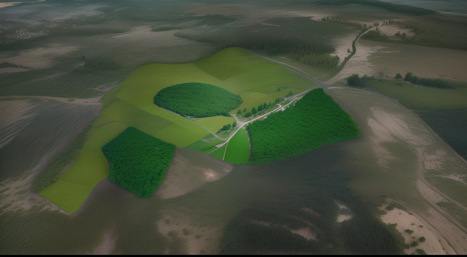 Describe a breathtaking aerial view of a natural landscape. Envision an expansive pasture area where the grass gently ripples in the breeze. Within this sea of green, there are trees lined up in rows, creating a unique visual harmony.
Additionally, highlight specific areas of more intense tree coverage, where the treetops intertwine to form intriguing shadows. Visualize the diversity of the trees, ranging from majestic sequoias to delicate cherry blossoms, creating a palette of colors and textures.
Please provide not only a realistic description but also an artistic vision of the scene. Explore the interplay of light and shadow, suggesting nuances in the rendering of the image. Additionally, include details on how you would imagine the conceptual rendering of this landscape, emphasizing aspects that evoke a unique and immersive sensation.
Be creative and delve into the visual richness of this landscape, offering a vivid and captivating experience to the reader.