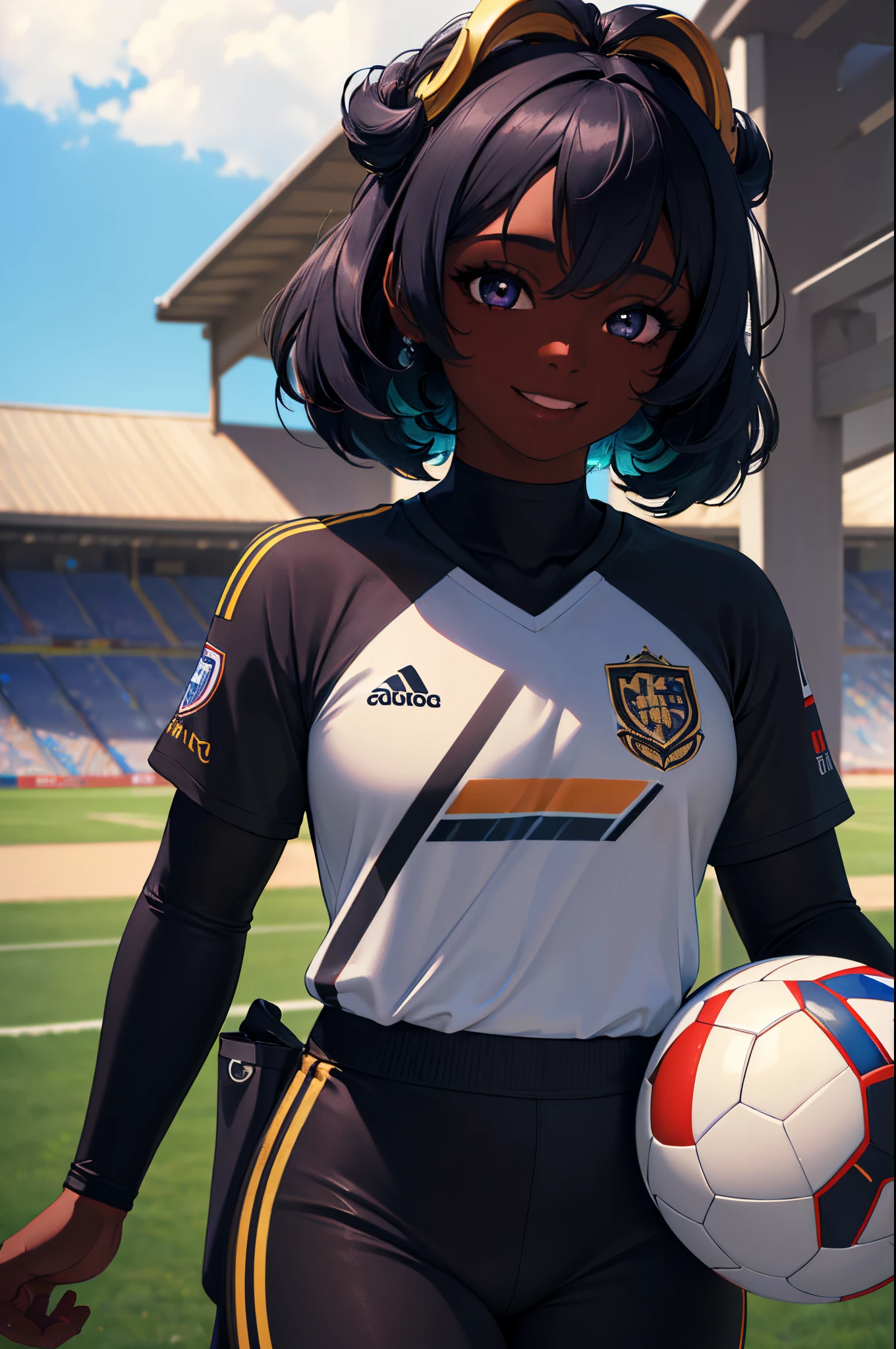 (best quality,4k,8k,highres,masterpiece:1.2),ultra-detailed,(realistic,photorealistic,photo-realistic:1.37),Atlas:1.2,goleiro,solitary,black girl,short hair,smiling,Pants,sportswear,soccer field,Diamond,multicolored hair,multicolored eyes