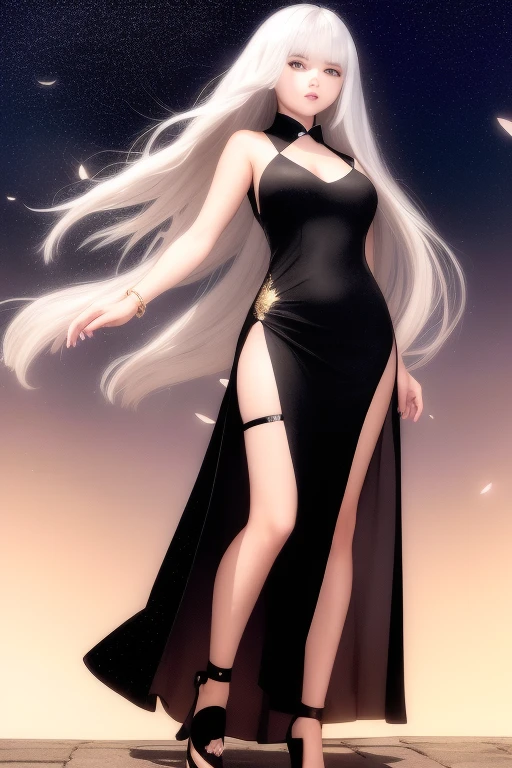 Short flowy haircut, cute medium side bangs, ((white hair)) Japanese cherry scenery background, (starry evening sky), ultra detailed, young Japanese woman, (wearing elegant bracelet) , ((wearing thick thigh strap)), beautiful face, ((wearing a long black classic sleeveless cheongsam dress with long slits and golden trim)), ((hair flowing beautifully in the wind)) , perfect smooth legs, smiling, (((contrast rich rim lighting from both sides))) , ((very short golden finger nail polish)), (pair of black high heeled mary janes stiletto shoes) , perfect eyes, firm large sized breast, ((crossed arms)), thick calves, correct anatomy, tony taka art style, (cherry petals flying in the air by a soft breeze), (posing elegantly) , wide angle view