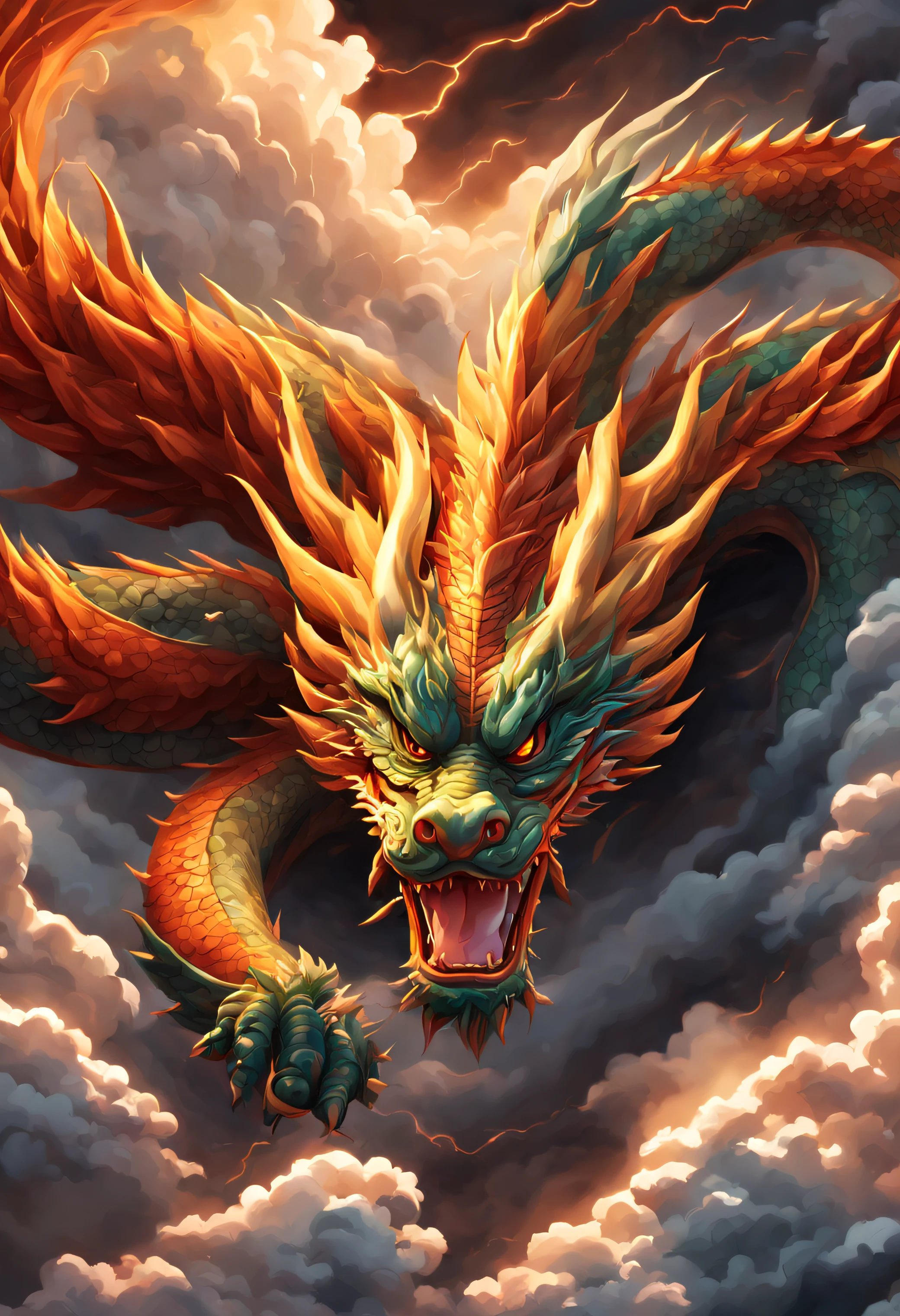 a cute traditional Chinese dragon, der durch ein Gewitter gleitet, dargestellt durch fesselnde digitale Illustration. Das Kunstwerk zeigt die kraftvolle und anmutige Bewegung des Drachen vor einem Hintergrund aus Wolken und Blitzen, Sein langer Schwanz erzeugt komplizierte Muster in den Wolken. Intense and vibrant colors enhance the majestic atmosphere, Hervorhebung der himmlischen Reise des Drachen. Der Gesichtsausdruck des Drachen spiegelt eine Mischung aus Kraft und Ruhe wider, while looking ahead. Dynamic lighting adds depth and dimension to the dragon&#39;s presence among the clouds. Pro Vektor, perfekte MINIMALISTISCHE Kunst, HOCHWERTIGE Details, Ultrahohe Details, Complete design, Victoria, Lebendiger Vektor, Tiefe Linien, Heavy blows.