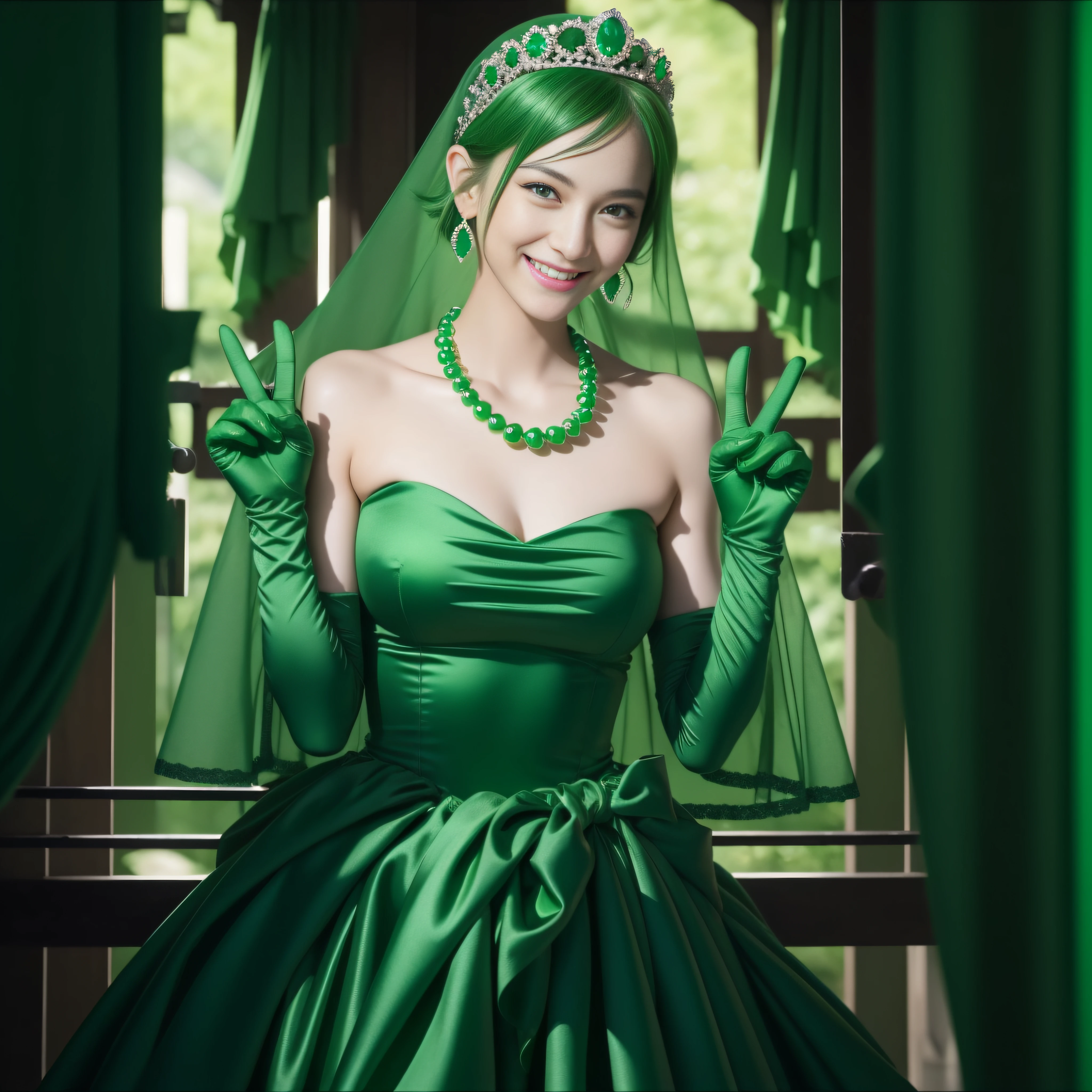 emerald tiara, Green Pearl Necklace, Boyish very short green hair, lipsticks, Japan woman smiling, very short short hair, big breasts beautiful, Green eyes, Long green gloves made of satin material, Green eyes, Emerald Earrings, green vale, v sign