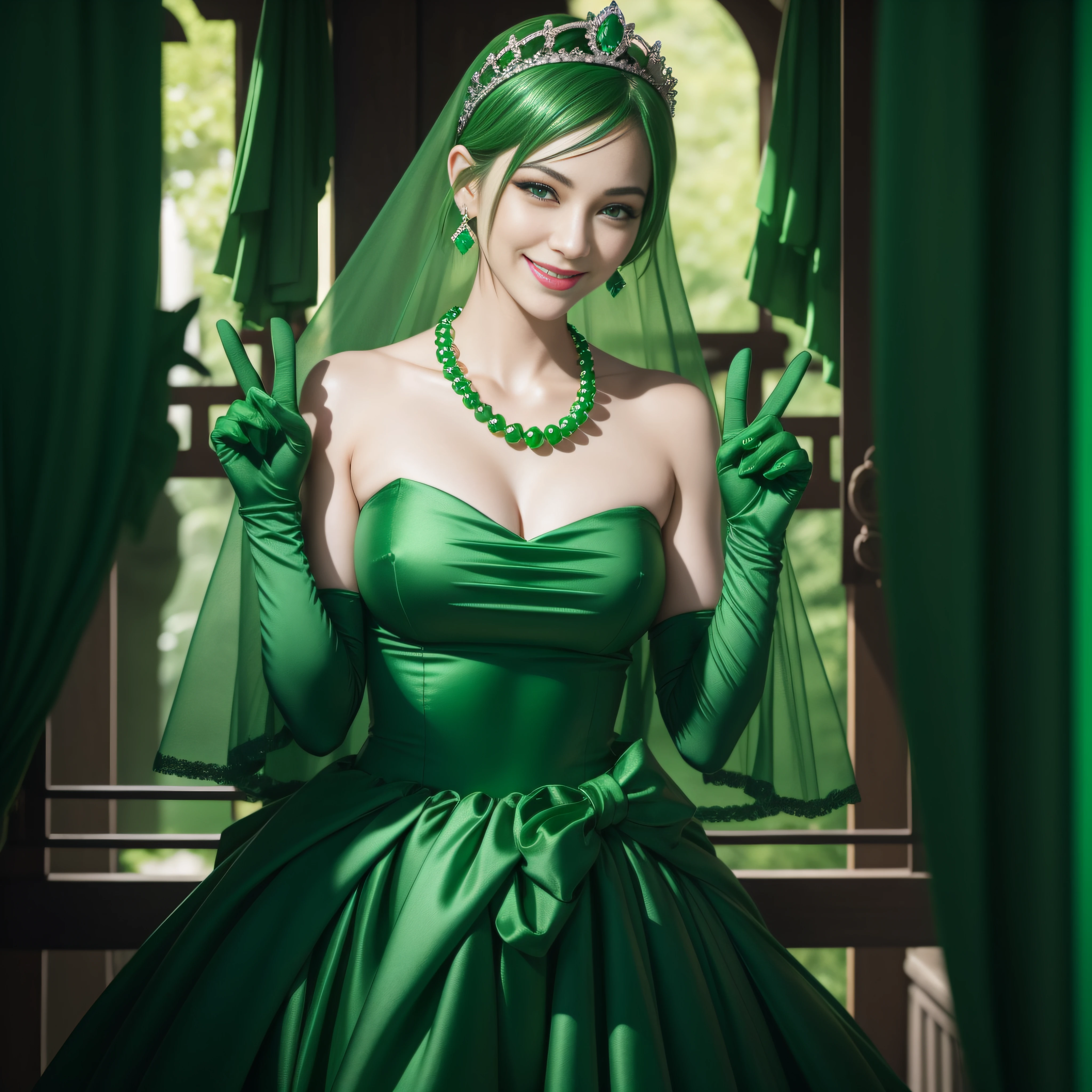 emerald tiara, Green Pearl Necklace, Boyish very short green hair, lipsticks, Japan woman smiling, very short short hair, big breasts beautiful, Green eyes, Long green gloves made of satin material, Green eyes, Emerald Earrings, green vale, v sign
