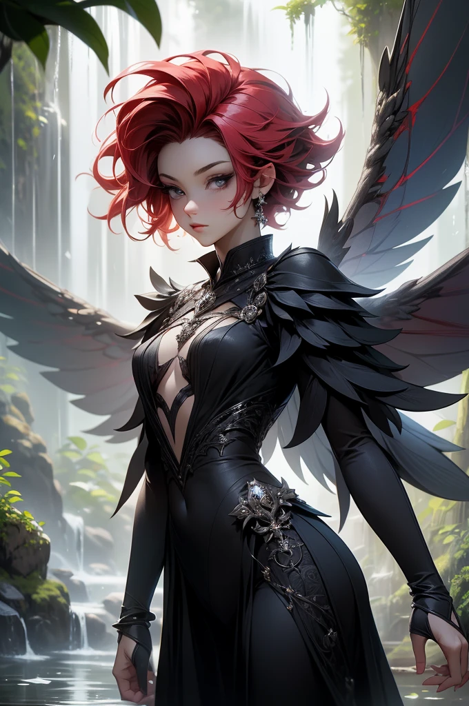 (Absurd, high quality, ultra -compared, careful with the hand) fairy, fairy wings, dreamer body, vivid, romantic and all. Optimistic face, just lies, without entry and intellectual. Reckless style, cold heart, impatient and too confident. Gray eyes, ripe and dark (eyes of the eyes), enchanted fairy. Short hair, red hair. In the waterfall, water, forest. Whole body flying