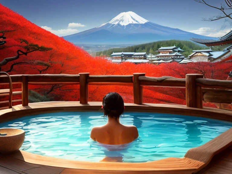 There is a woman sitting in a hot tub with mountains in the background, japanese onsen, high-end onsen, Onsen, japanese bathhouse, Luxurious hot springs, Hot tub, Small wellness relaxation pool, japan deeper travel exploration, paradise in the background, floating in a powerful zen state, japan travel aesthetic, A Japanese Lady,