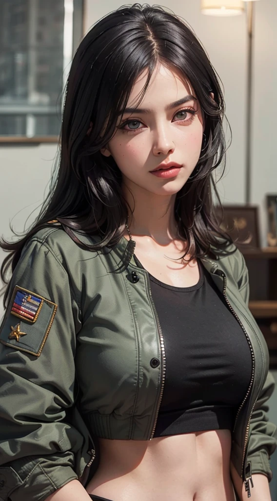 (best quality, 4k, 8k, high-res, masterpiece:1.2), ultra-detailed, (realistic, photorealistic, photo-realistic:1.37), (beautiful detailed eyes, beautiful detailed lips, extremely detailed eyes and face), studio lighting, physically-based rendering, vivid colors, (big tits, super big tits, super extra big tits, glamorous body), (military jacket:1.5), (black tank top:1.2), (portrait, long black straight hair, shiny hair, shiny skin), (blurred background), (tilt your head to the side:1.5),