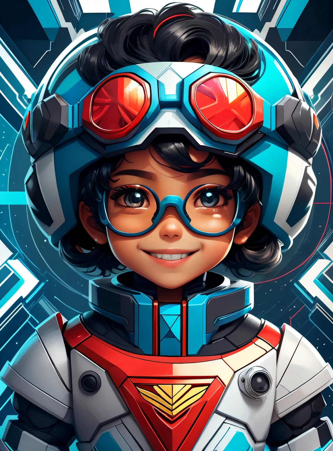 (cute black robot boy smiling with goggles) stylized identical to 1940 |)), acolchoamento ,multidimensional geometric wall PORTRAIT, arte, Chibi,
Yang016K, lindo,(( cor vermelha predominante, azul e branco))
Primary works, qualidade superior, melhor qualidade, Arte Oficial, Lindo e Estetaduardo Kobra acolchoamento ,multidimensional geometric wall PORTRAIT, arte, Chibo,detalhes