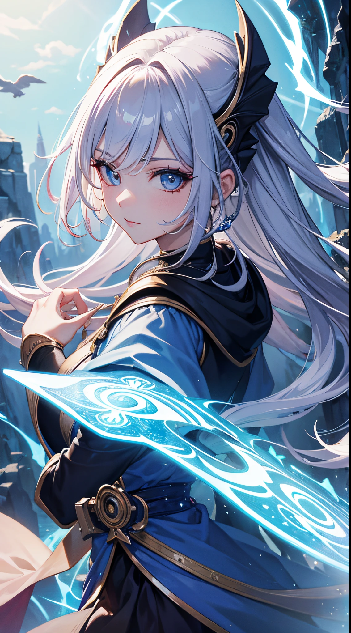 Full hd, high quality, super detail, master piace, woman, wizard, makeup, 2d backgroud, magic effect