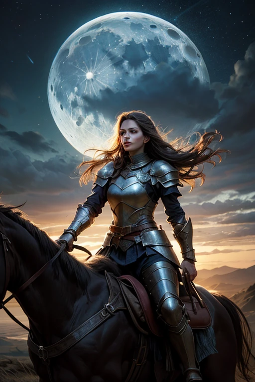 dnd, dark art, fantasy, 1female beautiful warrior rider on amored horse riding to a big medieval castle, pretty face, long curly hair, wearing heavy plate armor with ornaments lord of the rings style, highly detailed, rugged landscape, sun dusk lightning, stars in the sky, moon and moonlight, drastic atmosphere, filmischer Hintergrund, (Meisterwerk:1.2), hight resolution