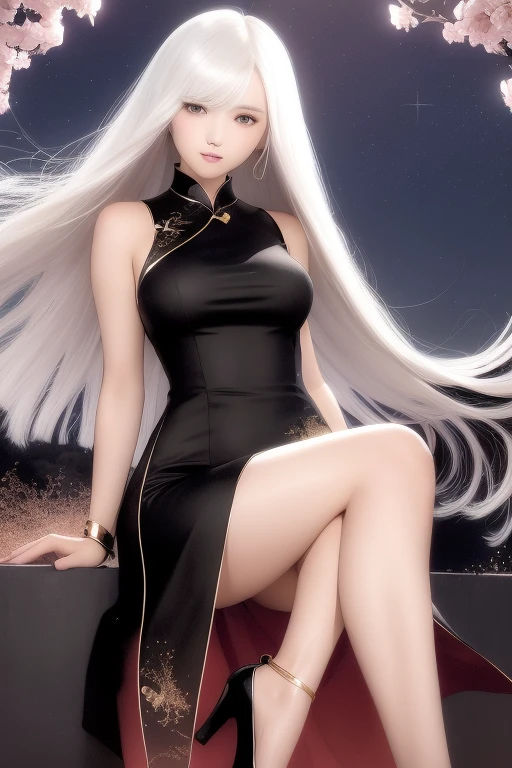 Short flowy haircut, cute medium side bangs, ((white hair)) Japanese cherry scenery background, (starry evening sky), ultra detailed, young Japanese woman, (wearing elegant bracelet) , ((wearing thick thigh strap)), beautiful face, ((wearing a long black classic sleeveless cheongsam dress with long slits and golden trim)),  ((hair flowing beautifully in the wind)) , perfect smooth legs, smiling, (((contrast rich rim lighting from both sides))) , ((very short golden finger nail polish)), (pair of black high heeled mary janes stiletto shoes) , perfect eyes, firm large sized breast, ((crossed arms)), thick calves, correct anatomy, tony taka art style, (cherry petals flying in the air by a soft breeze), (posing elegantly) , wide angle view, leg leaning inwards