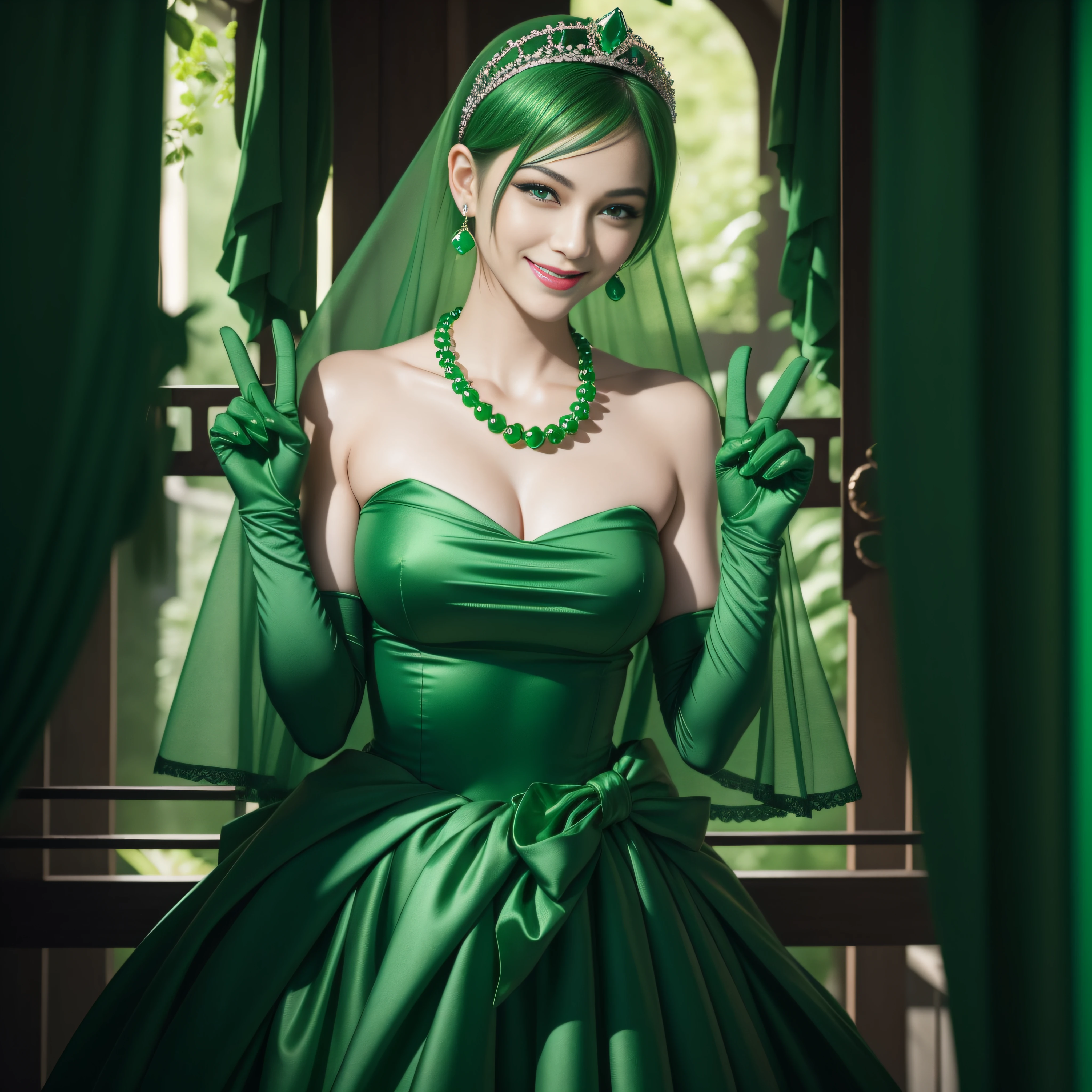 emerald tiara, Green Pearl Necklace, Boyish very short green hair, lipsticks, Japan woman smiling, very short short hair, big breasts beautiful, Green eyes, Long green gloves made of satin material, Green eyes, Emerald Earrings, green vale, v sign