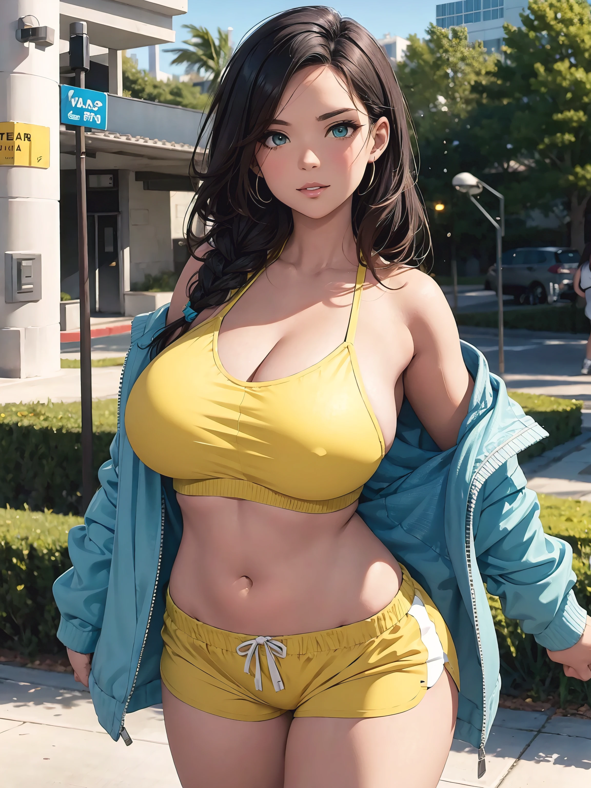 Voluptuous woman with a curvy body, french braid, smirk, wearing a yellow and turquoise sports bra, sport shorts, in a park, posing, lustful, depth of field, bokeh,