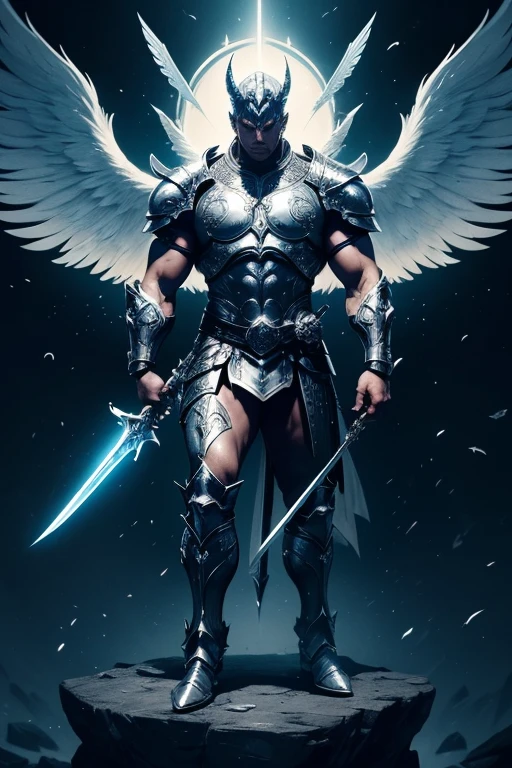 (best quality,4k,8k,highres,masterpiece:1.2),ultra-detailed,realistic:1.37,arcane,strong warrior, battle stance,holding a legendary sword,white leather clothes,arcane angel,with a pair of wings on the back,leather armor,enchanted,imposing presence,detailed feathers,divine aura,luminous wings,heavenly warrior,epic battle scene,sword bearer,divine power,sacred weapon,shining armor,dark background,muscular build,heroic figure,powerful posture,fierce looking,steel sword,gleaming with power,intense gaze.