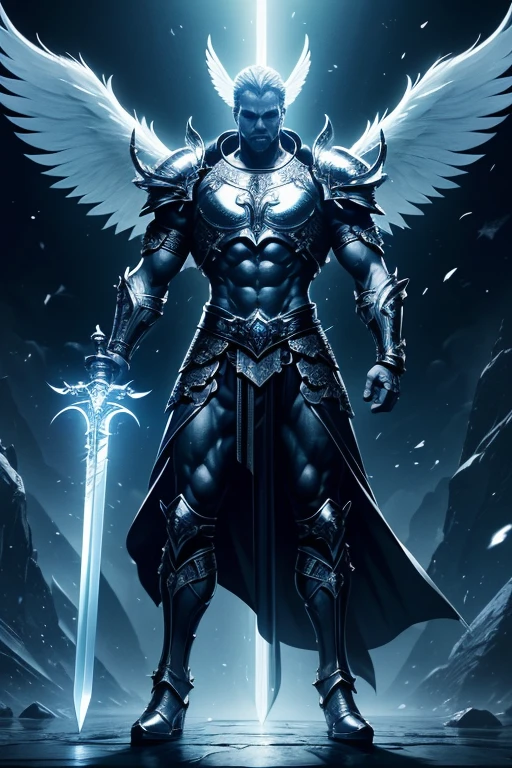 (best quality,4k,8k,highres,masterpiece:1.2),ultra-detailed,realistic:1.37,arcane,strong warrior, battle stance,holding a legendary sword,white leather clothes,arcane angel,with a pair of wings on the back,leather armor,enchanted,imposing presence,detailed feathers,divine aura,luminous wings,heavenly warrior,epic battle scene,sword bearer,divine power,sacred weapon,shining armor,dark background,muscular build,heroic figure,powerful posture,fierce looking,steel sword,gleaming with power,intense gaze.