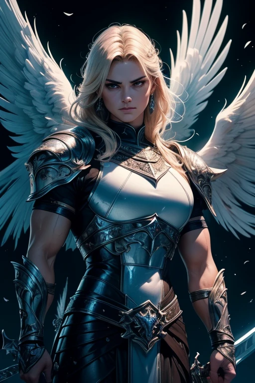 (best quality,4k,8k,highres,masterpiece:1.2),ultra-detailed,realistic:1.37,arcane,strong warrior, battle stance,holding a legendary sword,white leather clothes,arcane angel,with a pair of wings on the back,leather armor,enchanted,imposing presence,detailed feathers,divine aura,luminous wings,heavenly warrior,epic battle scene,sword bearer,divine power,sacred weapon,shining armor,dark background,muscular build,heroic figure,powerful posture,fierce looking,steel sword,gleaming with power,intense gaze.