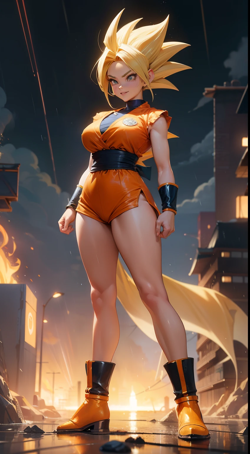 ((Full body photo, feet on the ground, straight body, Dragon Ball Anime)), ((Laura/woman, big breasts, extremely beautiful)), ((Super Saiyan Superior Instinct)) {transformed into Super Saiyan} wearing Goku child's costume/extremely tight on body, emanating golden magic aura circling furiously around the body. Background, completely destroyed city at night raining hard. Her outfit is soaked in water, she's staring at the viewer, smiling, fists clenched, concentrating magical aura, in a front-facing attack pose. Anime Dragon Ball, high detail, anime, 16k, UHD, retina, retina, ccurate, anatomically correct, textured skin, super detail, high quality, award winning