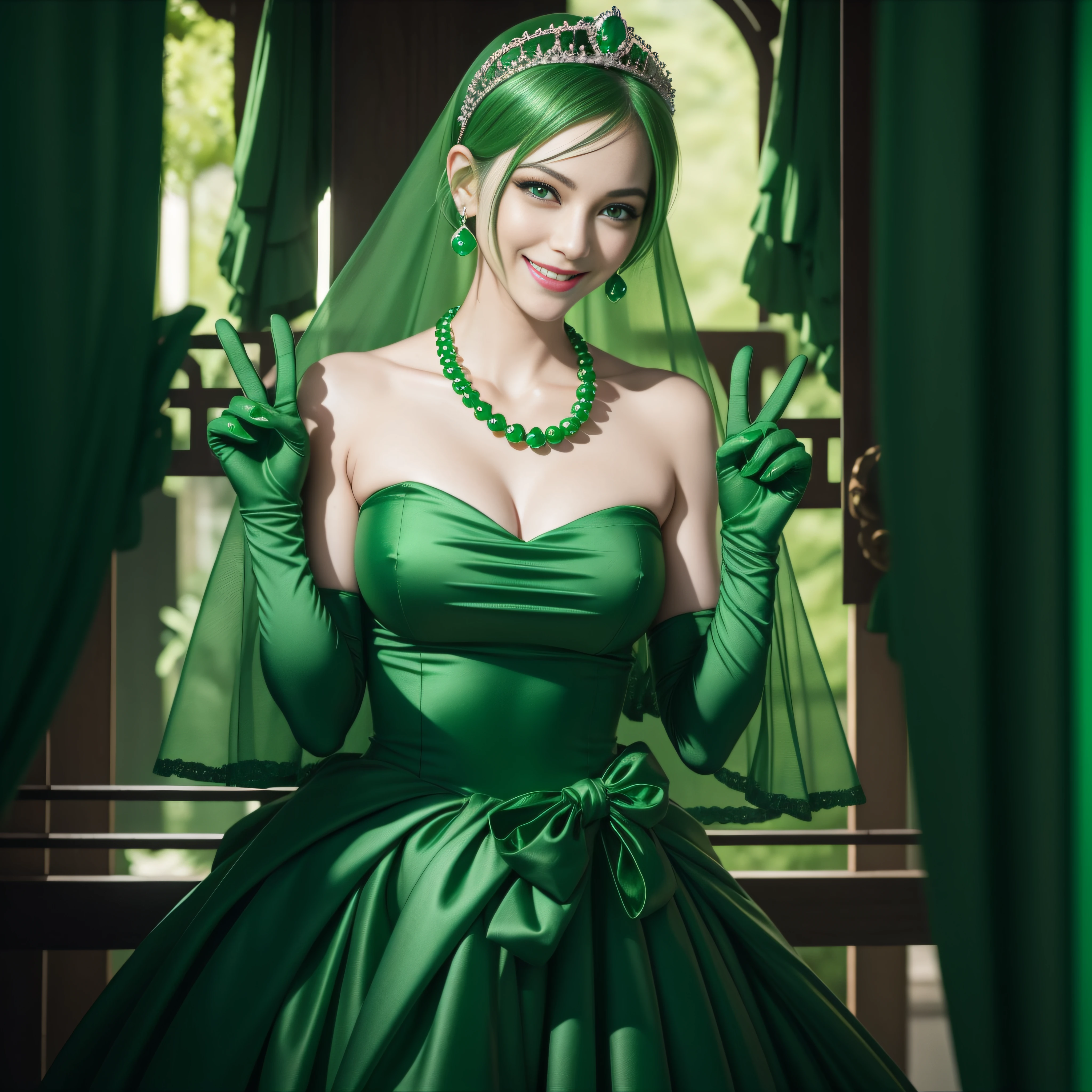 emerald tiara, Green Pearl Necklace, Boyish very short green hair, lipsticks, Japan woman smiling, very short short hair, big breasts beautiful, Green eyes, Long green gloves made of satin material, Green eyes, Emerald Earrings, green vale, v sign