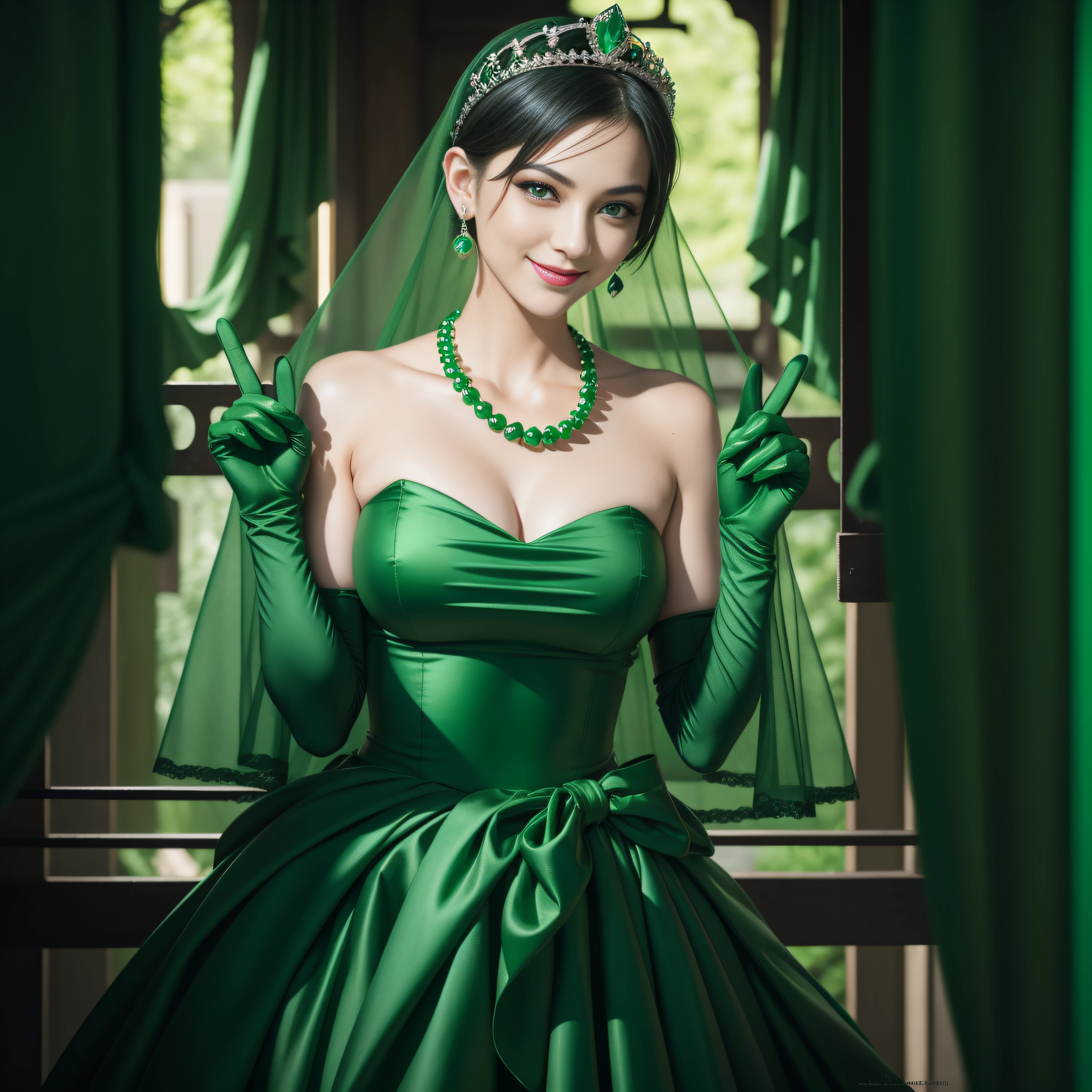 emerald tiara, Green Pearl Necklace, Boyish very short black hair, lipsticks, Japan woman smiling, very short short hair, big breasts beautiful, Green eyes, Long green gloves made of satin material, Green eyes, Emerald Earrings, green vale, v sign