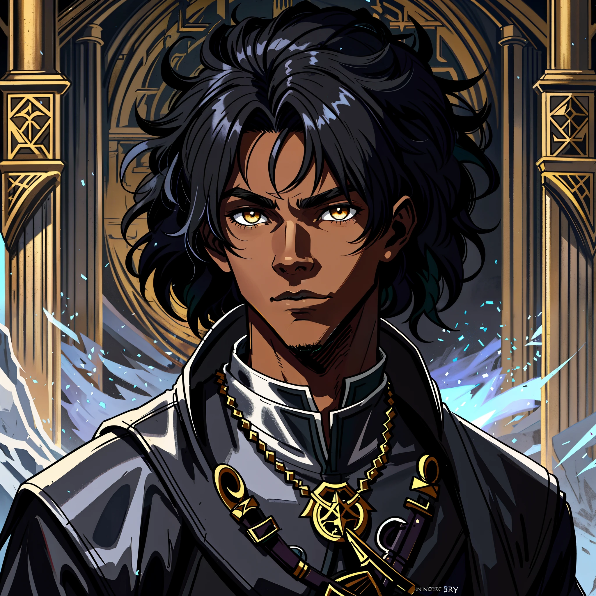 A closeup of a young black teenage man with lynx eyes and ears African beauty well-marked masculinity in a mysterious and dark look amid a blizzard on a snowy mountain A character wearing black robes for a medieval RPG and with some scars on his face and a dark look he is a character illustration for RPG with dark colors and gray he has a wise look and snob make a very magical and amazing background image use shadows outline light and black smoke to compose the photo He is in a dramatic pose for a medieval RPG art RPG art RPG character illustration art dramatic pose for a League of Legends style RPG art Art of a pet rpg in a medieval art Medieval art illustration in an art cartoon style arcane style league of legends art cartoon illustration 8k hd cinematic lights contrasted backlights