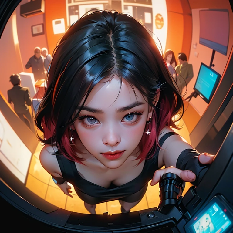 ( Masterpiece, best quality , shot from above, 75mm lens, fisheye:1.2 ), ((pov from above:1.4)), (( cyberpunk night club:1.5, high detailed, flashing light, neon lights, dancers, extending hand towards viewer overhead )), ryujin, ( narrow face, strong jaw,  plump cheeks, cybernetic arm, dark hair with red highlights, thug smile, turquoise eyes, wearing drip ootd ), ( cinematic lighting, backlit, soft light)