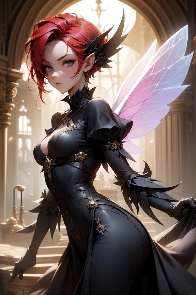 (Absurd, high quality, ultra -compared, careful with the hand) fairy, fairy wings, dreamer body, vivid, romantic and all. Optimistic face, just lies, without entry and intellectual. Reckless style, cold heart, impatient and too confident. Gray eyes, ripe and dark (eyes of the eyes), enchanted fairy (pixie) . Short hair, red hair. In the carnival row illustration, flying. Whole body